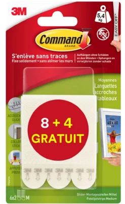 Languette adhésive Accroches Tableaux Command, 12 pièces