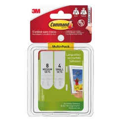 Languettes accroches tableaux blanches petites/moyennes Command, Multi-pack, 8 ensembles M + 4 ensembles S