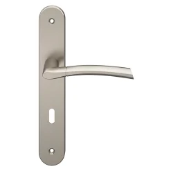 Lot 3 poignées sur plaque rond serrure GoodHome Hirel effet nickel satin gris L.128mm x l.40mm entraxe 195mm