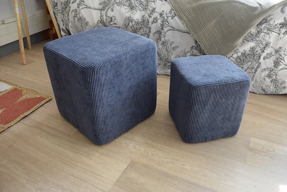 Lot 2 poufs Vintage velours bleu marine navy l.36 x H.35 cm + l.26 cm x H.27 cm