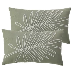 Lot de 2 Coussins déhoussables, rectangulaire 30x50cm, Olive, Broderie feuille Ecru, Collection Mambo, CMADECO