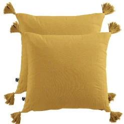 Lot de 2 coussins 40x40 double gaze de coton jaune avec pompons - PEPA
