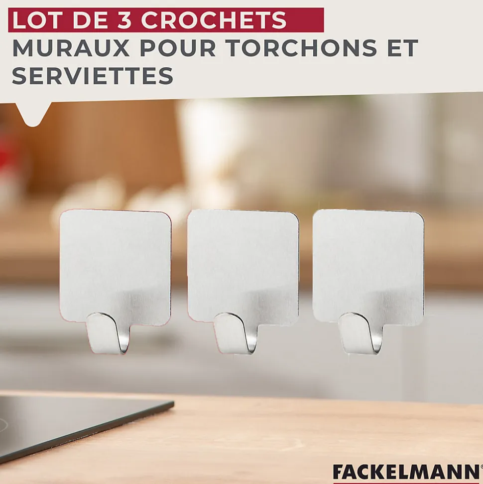 Lot de 3 crochets adhésifs carrés en acier inoxydable Fackelmann Tecno