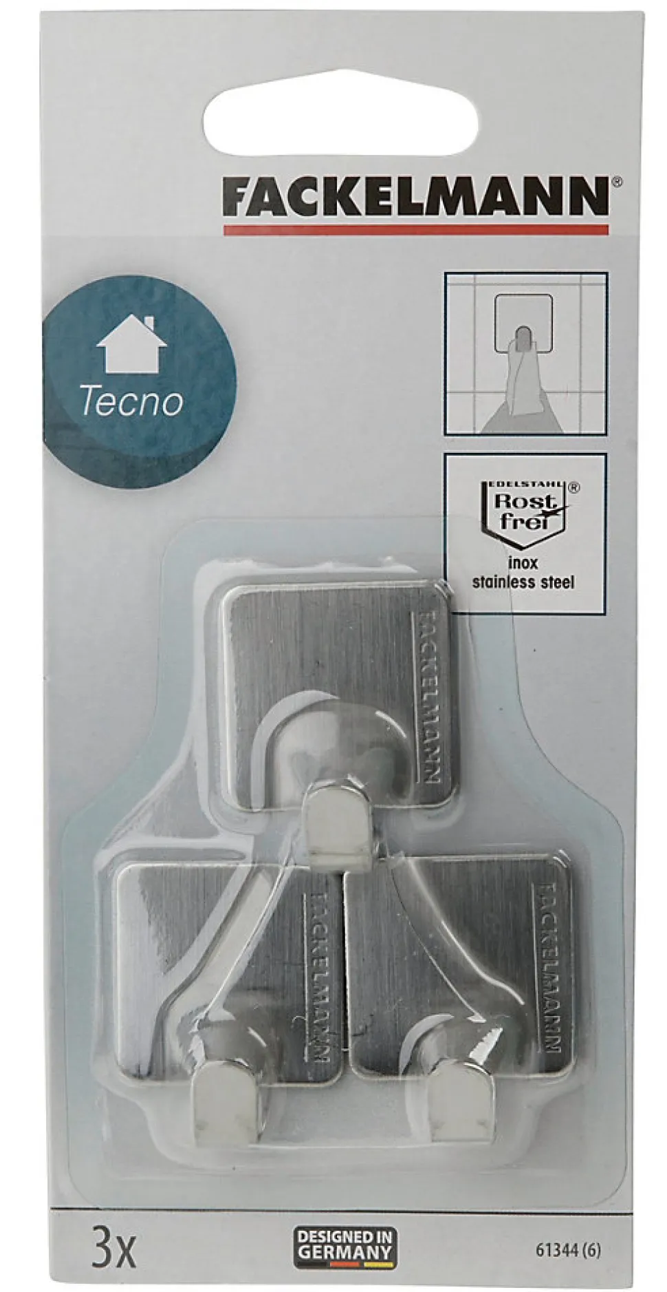 Lot de 3 crochets adhésifs carrés en acier inoxydable Fackelmann Tecno