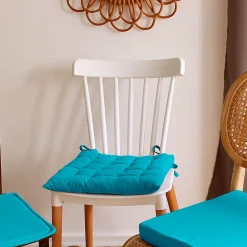 Lot de 6 galettes piquées, carré 38x38cm, turquoise, avec nouettes, 100% coton, collection Panama, CMADECO