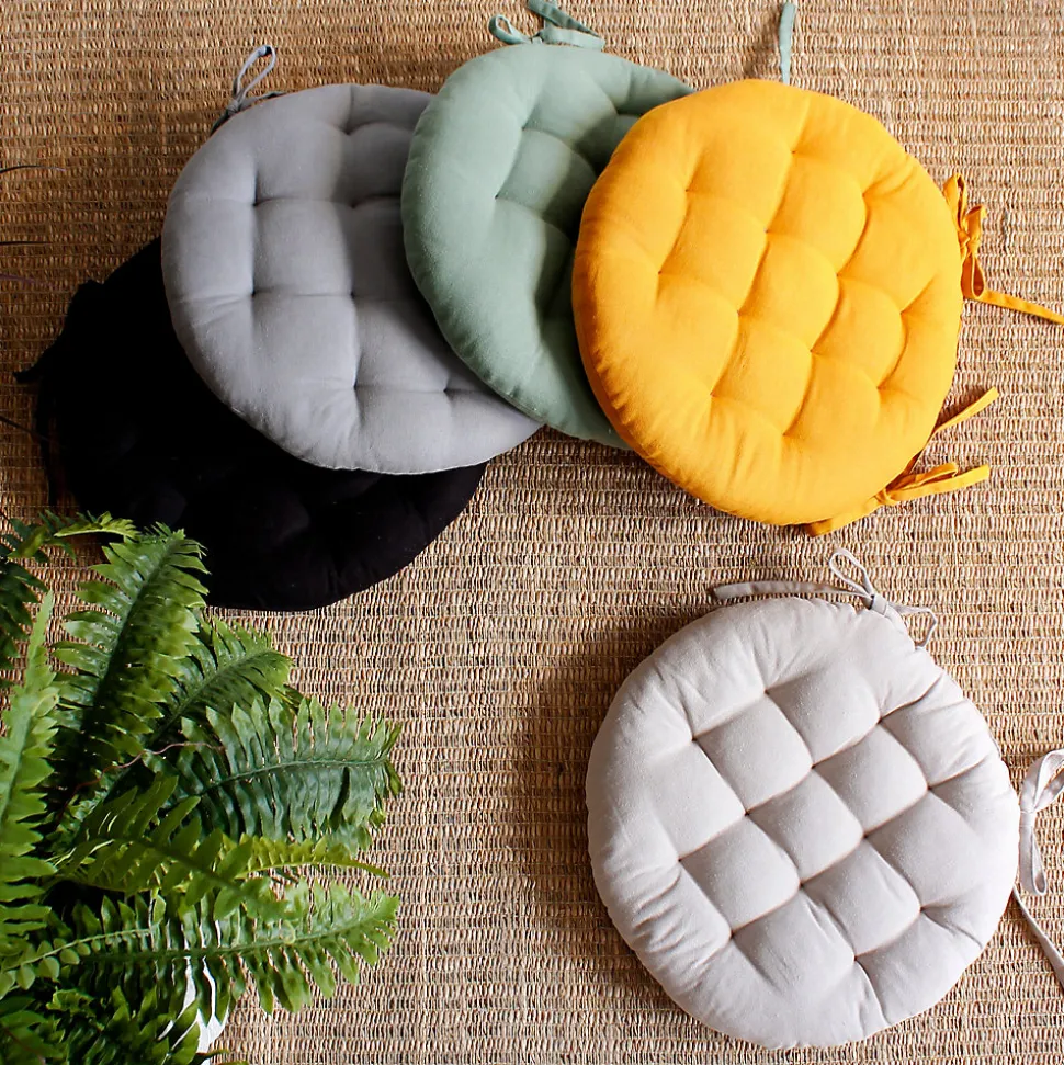 Lot de 4 galettes piquées, ronde 38cm, vert argile, avec nouettes, 100% coton, collection Panama, CMADECO