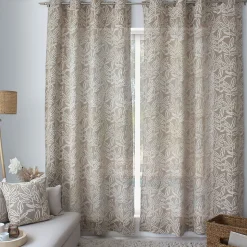 Lot de 2 rideaux à Œillets, 140x240cm, Naturel, Motifs feuilles, Coton Chambray, Collection Lodge, CMADECO