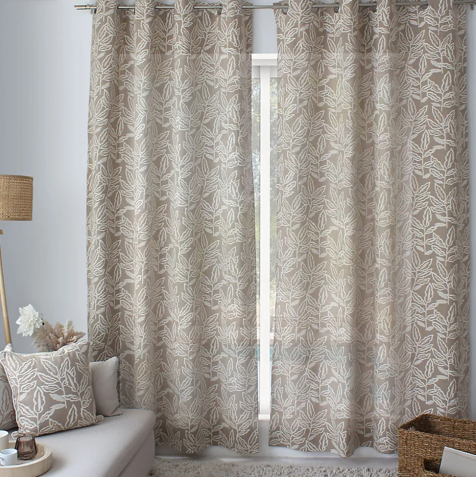 Lot de 2 rideaux à Œillets, 140x240cm, Naturel, Motifs feuilles, Coton Chambray, Collection Lodge, CMADECO