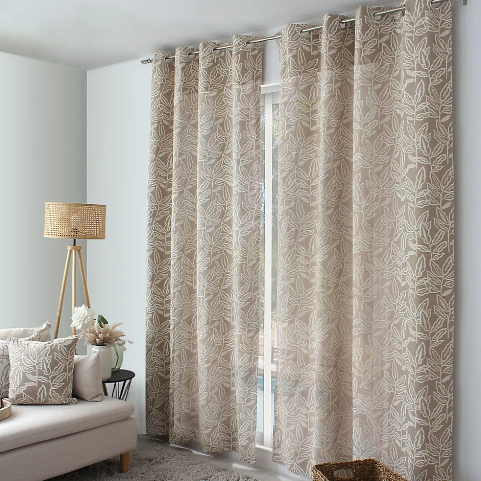 Lot de 2 rideaux à Œillets, 140x240cm, Naturel, Motifs feuilles, Coton Chambray, Collection Lodge, CMADECO