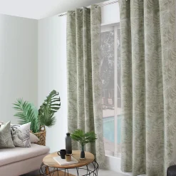 Lot de 2 Rideaux à Œillets, 140x240cm, Olive et Ecru, Motif Jungle Tropical, Collection Mambo, CMADECO