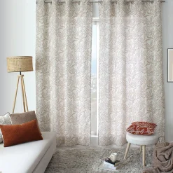 Lot de 2 rideaux à Œillets, 140x240cm, Ecru, Motifs feuilles, Coton Chambray, Collection Lodge, CMADECO