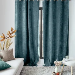 Lot de 2 Rideaux Thermique avec Œillets, Bleu Canard, Grande Hauteur, 140x260cm, Velours, Collection Velvet, CMADECO