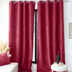 Lot de 2 Rideaux Thermique avec Œillets, Rouge Grenat, Grande Hauteur, 140x260cm, Velours, Collection Velvet, CMADECO