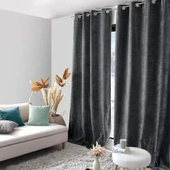 Lot de 2 Rideaux Thermique avec Œillets, Gris Foncé, Grande Hauteur, 140x260cm, Velours, Collection Velvet, CMADECO