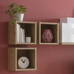 Lot de 3 étagères murales carrées décor chêne clair texturé - MILOS