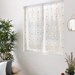 Lot de 4 Vitrages, 60x160cm, Blanc, Motif pois brodé Blanc et Argent, Passe Tringle, Collection Smarties, CMADECO