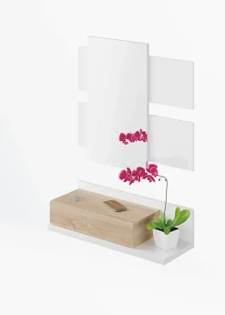 Meuble d'entrée avec miroir, coloris blanc Artik Mate / chêne canadien en mélamine - Dim : 20 x 75 x 29 cm