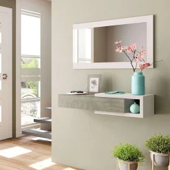 Meuble d'entrée avec un miroir coloris blanc artic / chêne - H.19 x L.95 x P.26 cm