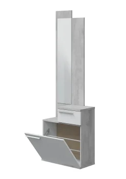 Meuble d'entrée, meuble de rangement coloris gris cendre, blanc brillant - longueur 61 x hauteur 185 x profondeur 28 cm