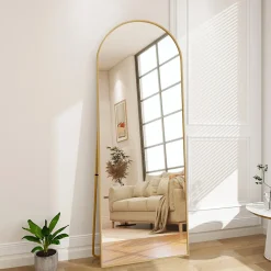 Miroir autoportant arqué 164x54 cm, utilisable au sol ou mural, Grand miroir en pied, Doré