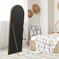 Miroir autoportant arqué 164x54 cm, utilisable au sol ou mural, Grand miroir en pied, Doré