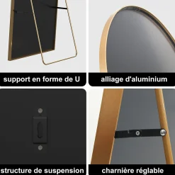 Miroir autoportant arqué 164x54 cm, utilisable au sol ou mural, Grand miroir en pied, Doré