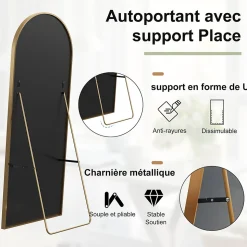 Miroir autoportant arqué 164x54 cm, utilisable au sol ou mural, Grand miroir en pied, Doré