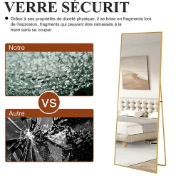 Miroir autoportant rectangulaire 173x63 cm, grand miroir sur pied, pose au sol ou fixation murale, Doré