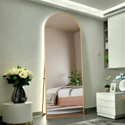 Miroir complet arqué, 162 x 53 cm, pleine longueur, sur pied ou mural, pour le salon dressing ou salle de bain, Doré