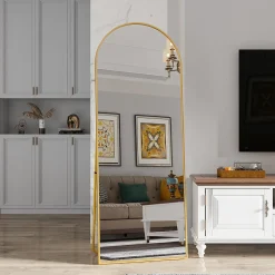 Miroir complet arqué, 162 x 53 cm, pleine longueur, sur pied ou mural, pour le salon dressing ou salle de bain, Doré