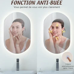 Miroir de Salle de Bain Miroir de Maquillage Mural avec Éclairage LED Fonction Anti Buée Miroir Ovale sans Cadre
