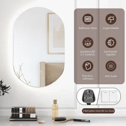 Miroir de Salle de Bain Miroir de Maquillage Mural avec Éclairage LED Fonction Anti Buée Miroir Ovale sans Cadre