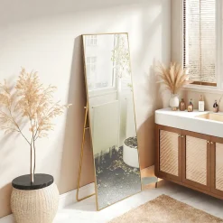 Miroir en Pied Grand, 150x40 cm, Grand Miroir de Sol Pleine Longueur, Suspendu, Rectangulaire, Doré