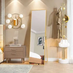 Miroir en pied grand, 140x40 cm, sur pied ou mural, cadre aluminium, grand miroir rectangulaire pour salon ou chambre, Doré