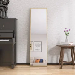 Miroir en pied grand, 140x40 cm, sur pied ou mural, cadre aluminium, grand miroir rectangulaire pour salon ou chambre, Doré