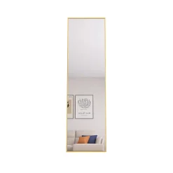 Miroir en pied grand, 140x40 cm, sur pied ou mural, cadre aluminium, grand miroir rectangulaire pour salon ou chambre, Doré