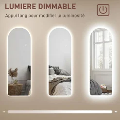 Miroir mural LED arqué pleine longueur dim. 40L x 120H cm - miroir LED réglable tactile - verre trempé