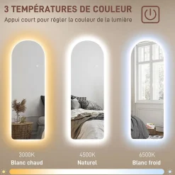 Miroir mural LED arqué pleine longueur dim. 40L x 120H cm - miroir LED réglable tactile - verre trempé