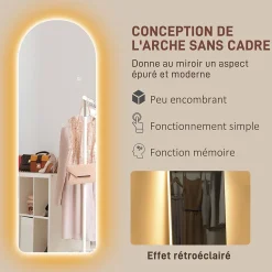 Miroir mural LED arqué pleine longueur dim. 40L x 120H cm - miroir LED réglable tactile - verre trempé