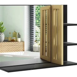 Miroir mural salle de bain - étagères - bambou verni MDF noir