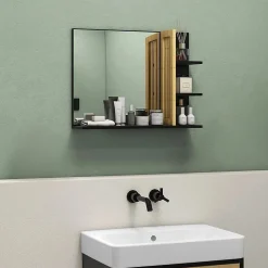 Miroir mural salle de bain - étagères - bambou verni MDF noir