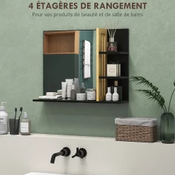 Miroir mural salle de bain - étagères - bambou verni MDF noir
