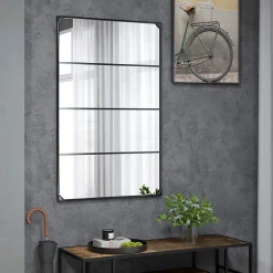 Miroir mural verrière rectangulaire style industriel - horizontal ou vertical - 4 crochets - métal noir