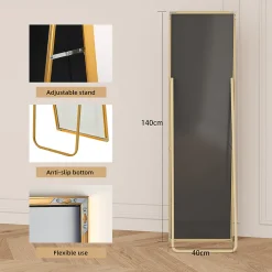 Miroir Pleine Longueur, 140 X 40 Cm, Haute Définition, Avec Support, Convient Pour Le Salon, Dorée
