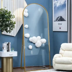 Miroir pleine longueur Arqué 180x80 cm, Grand Miroir Sur Pied, sur pied ou mural, cadre aluminium doré, Doré