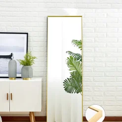Miroir pleine longueur 150x40 cm, sur pied ou mural, cadre aluminium doré, grand miroir rectangulaire pour salon ou chambre