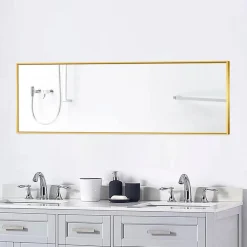 Miroir pleine longueur 150x40 cm, sur pied ou mural, cadre aluminium doré, grand miroir rectangulaire pour salon ou chambre