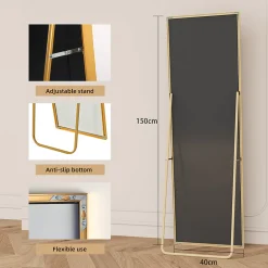 Miroir pleine longueur 150x40 cm, sur pied ou mural, cadre aluminium doré, grand miroir rectangulaire pour salon ou chambre