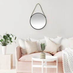 Miroir rond à suspendre en métal noir avec corde Ø30cm