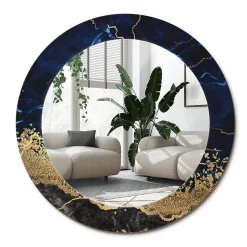 Miroir Rond Cadre Imprimé Design Wallfluent fi100 cm Marbre Bleu Tendance Boho Minimaliste Sans Joint